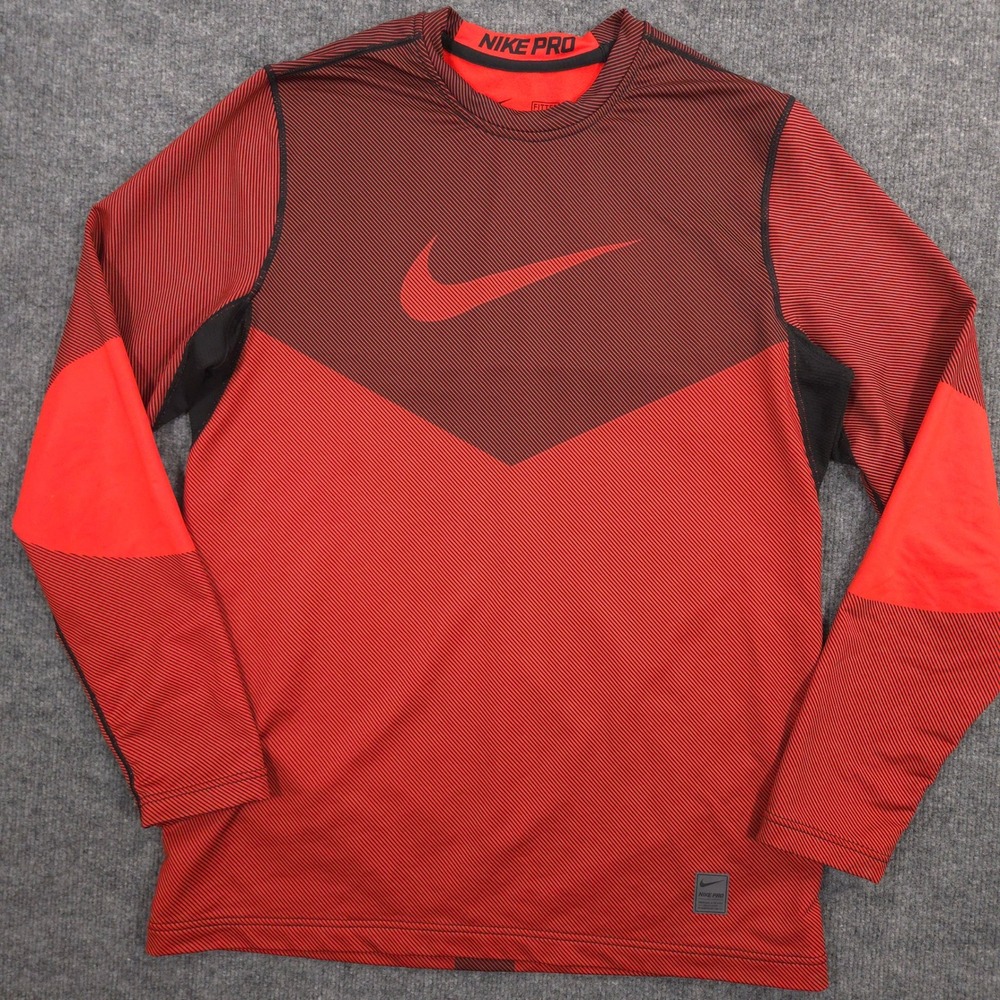 Nike Pro HyperWarm Shirt Mens L Red Fitted Center Swoosh Crewneck Run Jog Train